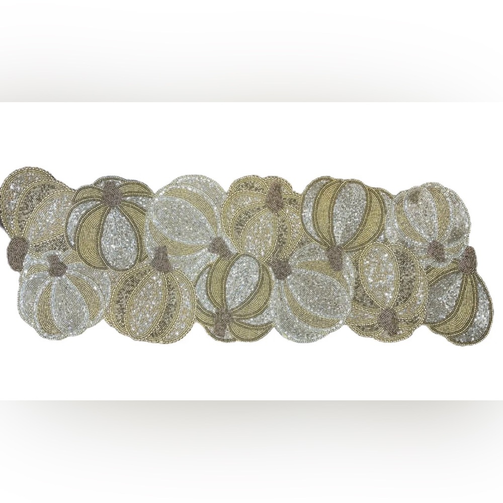 Tahari Home Beaded Table Runner 13x38”Gold Silver Pumpkin Thanksgiving NWT
